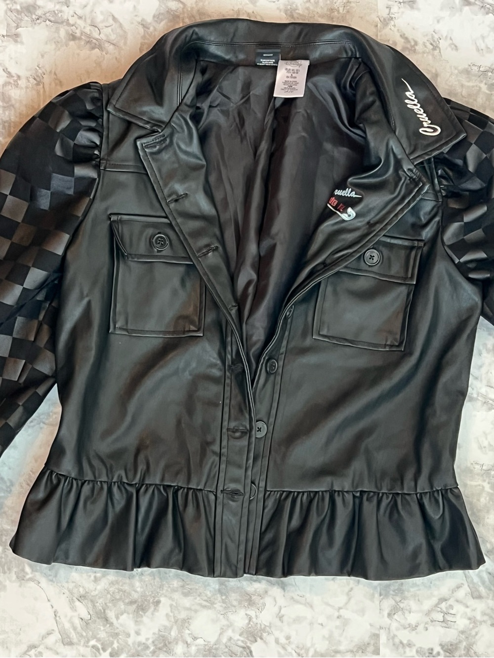 Disney Black Faux Leather Cruella De Vil Jacket with Checkered Puff Sleeves - Picture 6 of 7